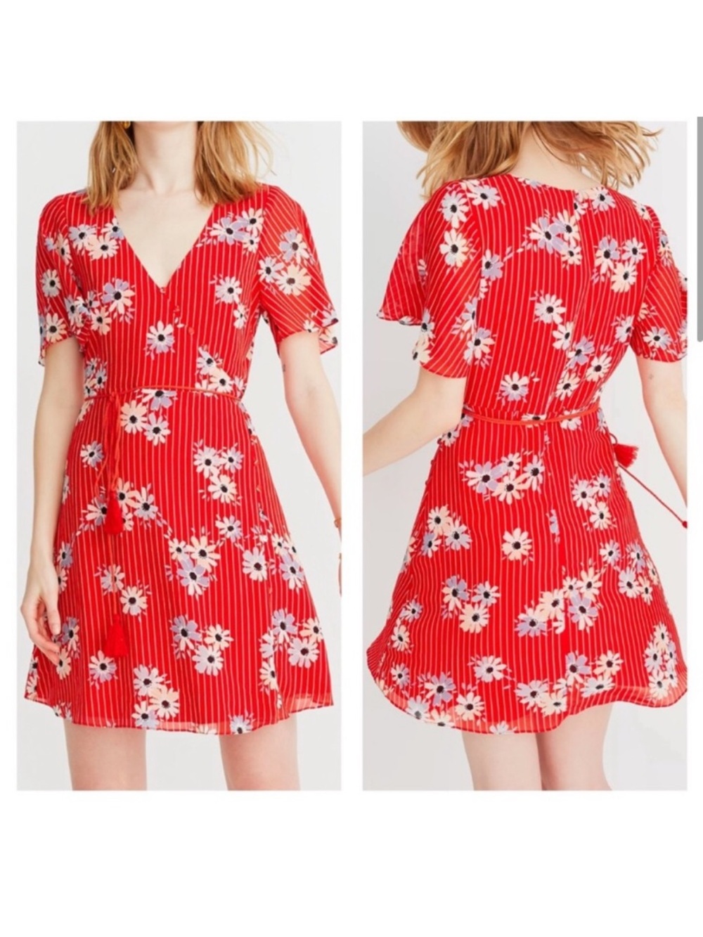 Madewell Red Floral V-Neck Wrap Dress